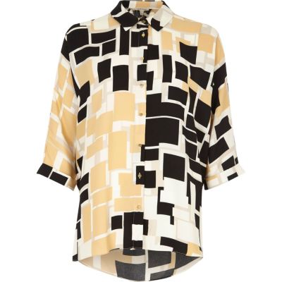 Brown square print twist back shirt